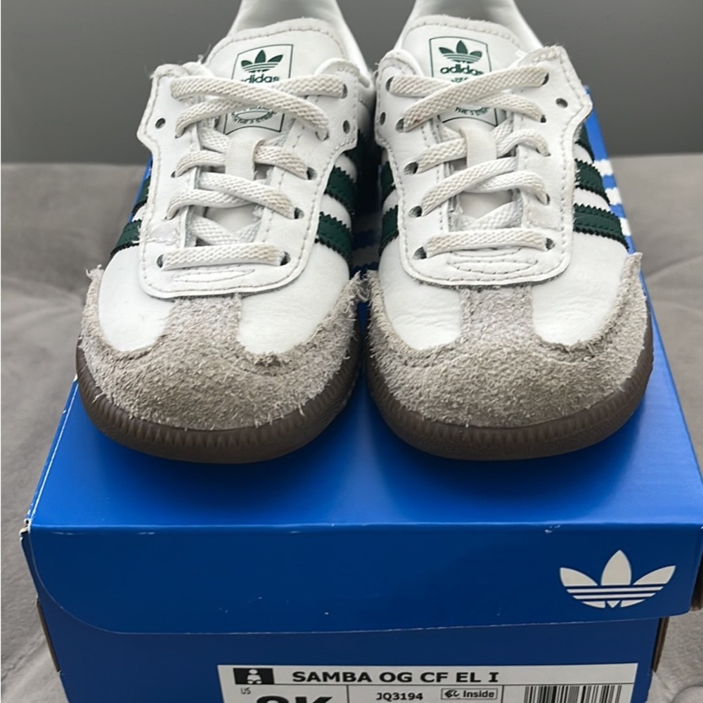 adidas Kids Samba OG White with Green Stripes and Blue Heel
